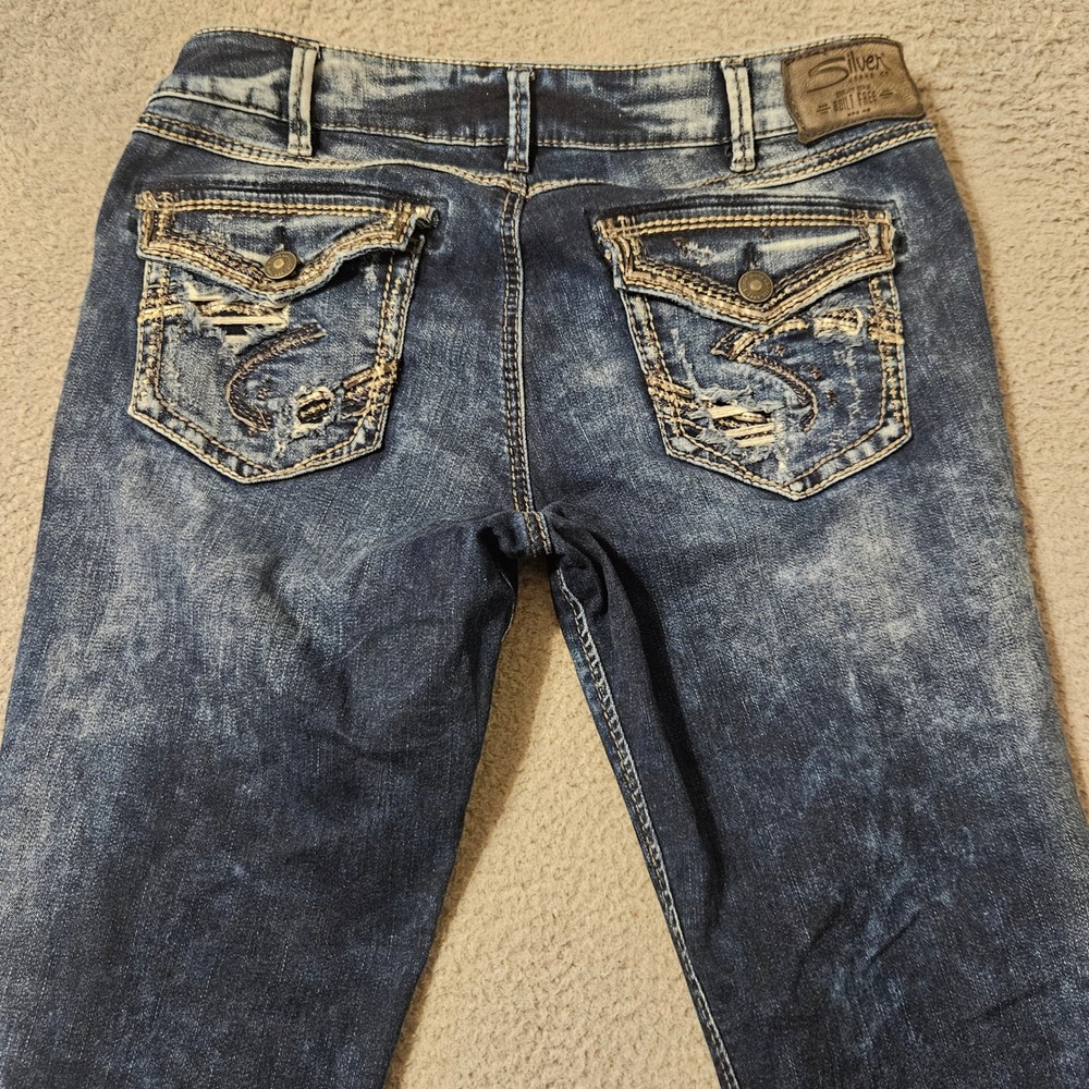 Silver Jeans Co Elyse Mid Boot Jeans 31 x 33 Dark Wash Distressed Bootcut Denim